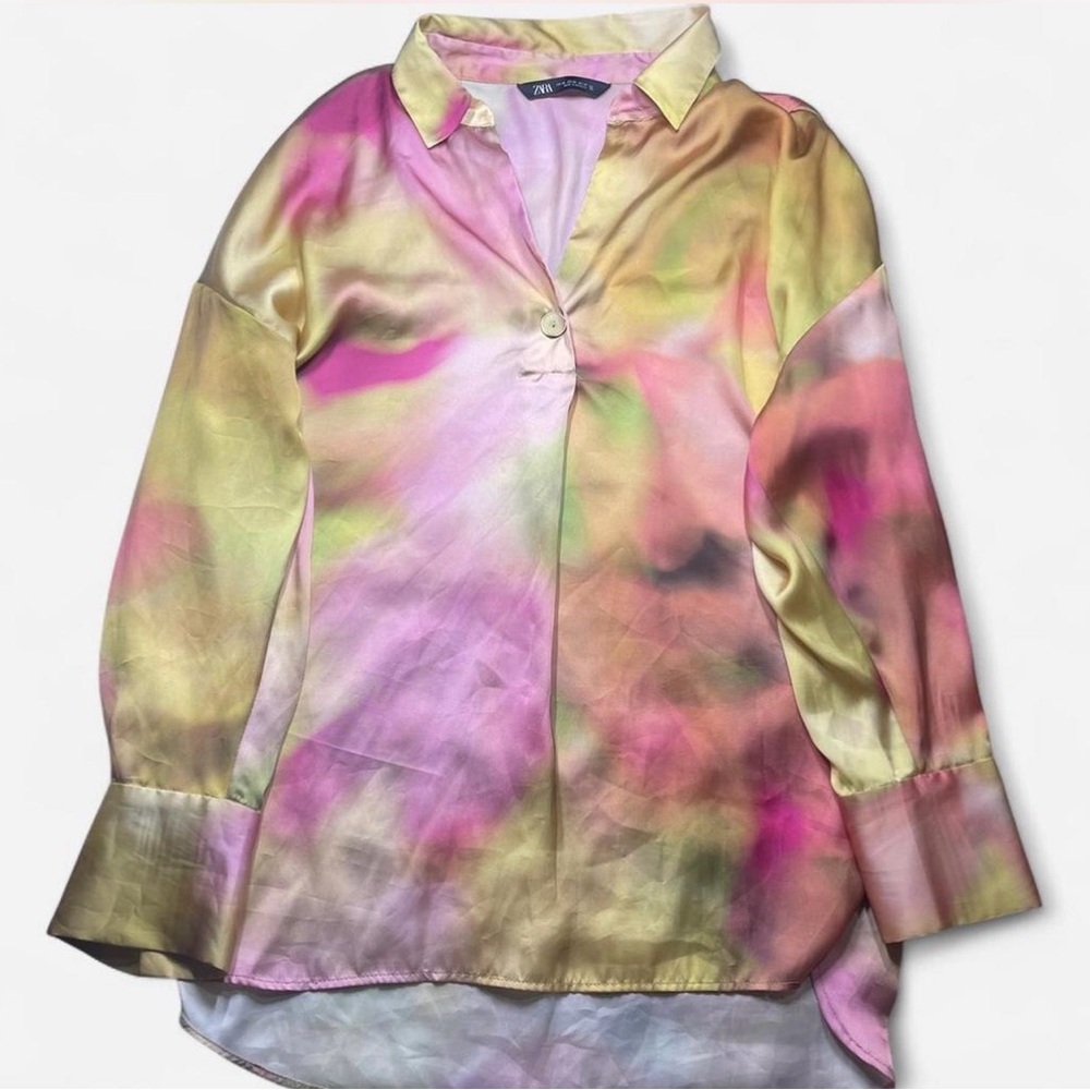 ZARA Multicoloured Blouse Satin Tie Dye Effect with Button-Up Front Size XS